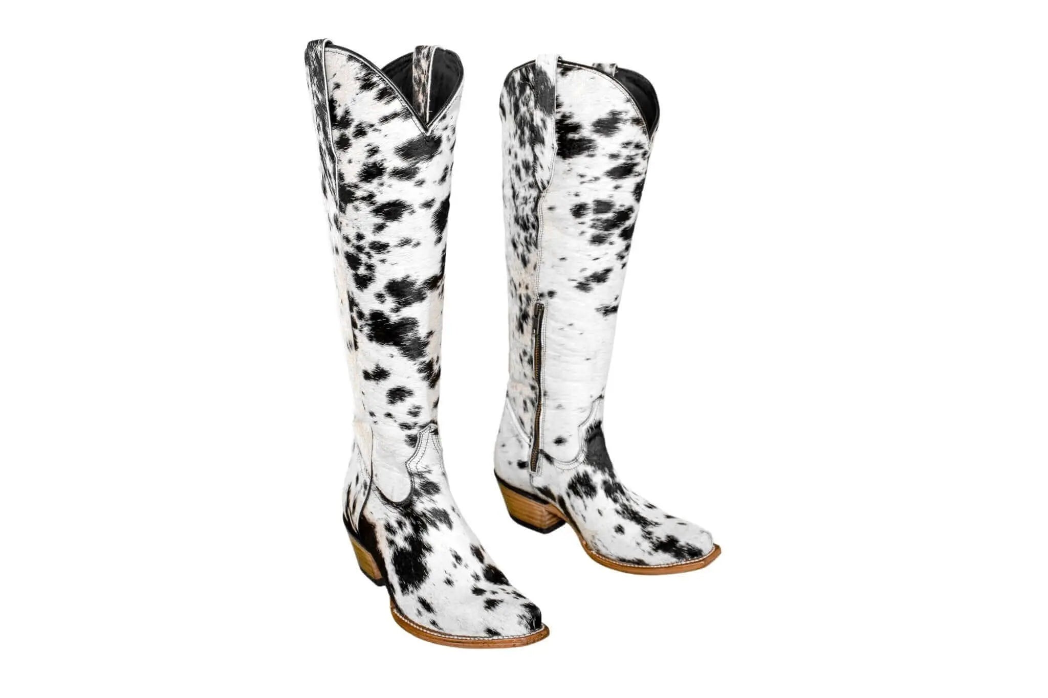 Side profile of Lorraine knee-high hair-on-hide boots—snip toe