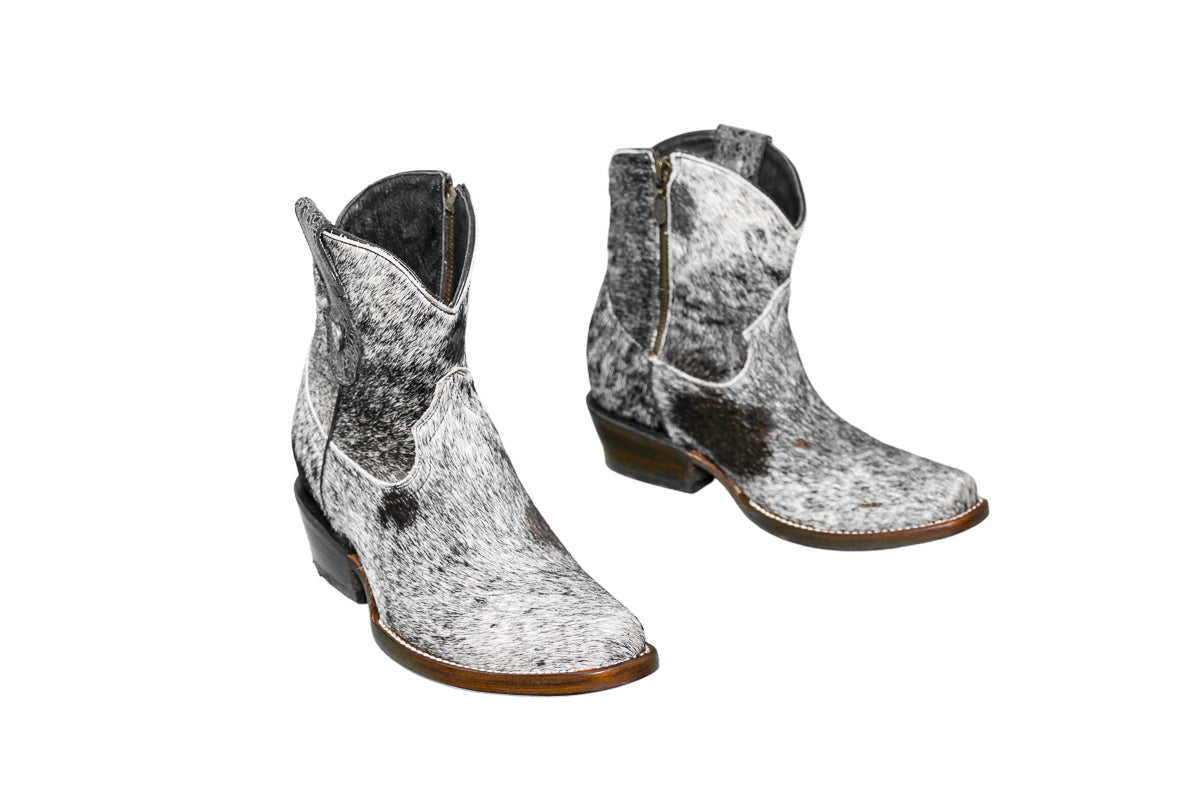 Hair-on hide short shaft boots with zipper on the side for an easy on and off