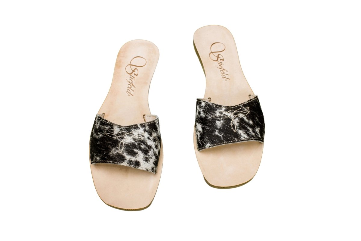 Agnes Hair - on - Hide Cowhide Slides – Black & Brown - Stiefeld Boots