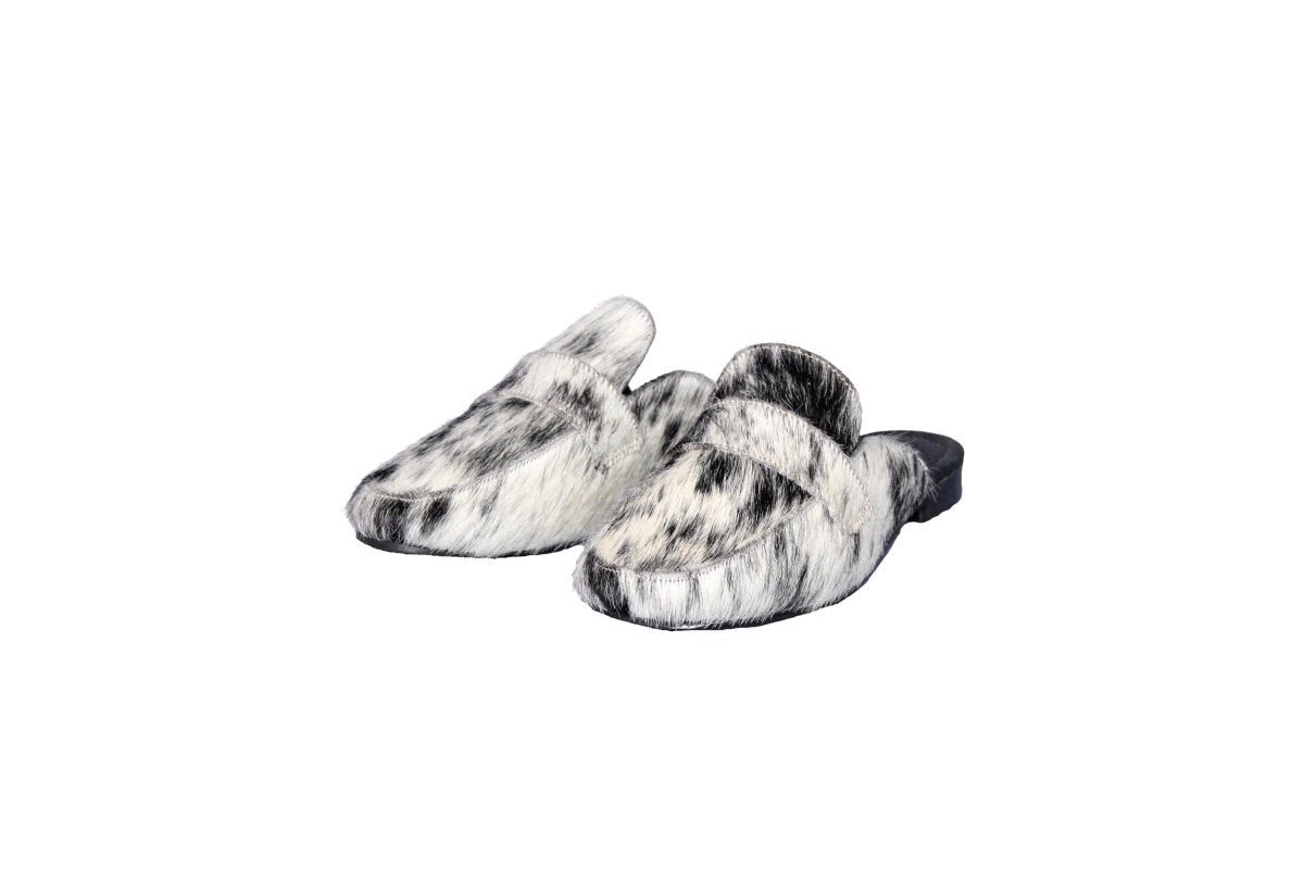 Cleo hair on hide mule in black and white cowhide, square toe, flat sole, handcrafted in Mexico
